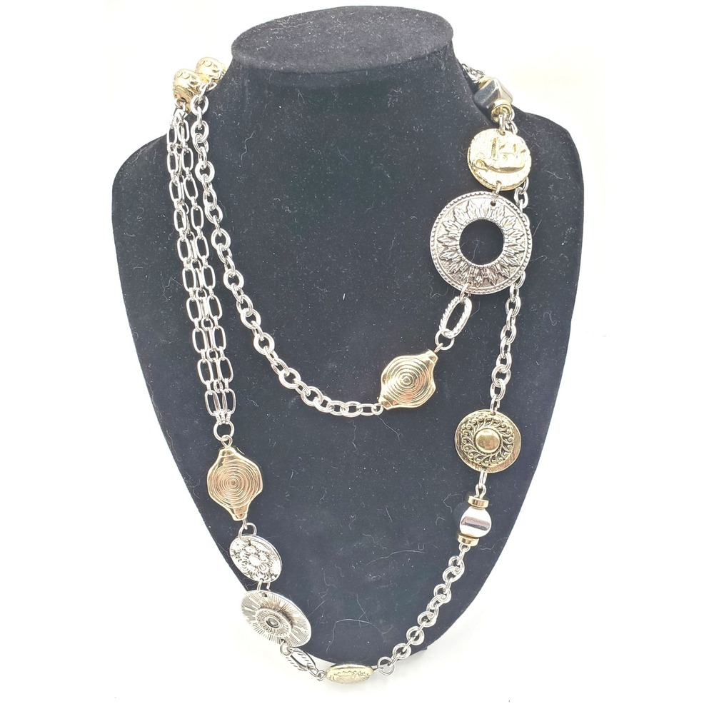 Chico's Long Mixed Metal Necklace‎ Silver Gold Tone Coin Medallion Stations